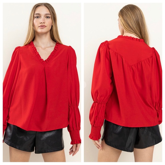 Solid Woven Ruffle Smocking Long Sleeve Top - Picture 2 of 3